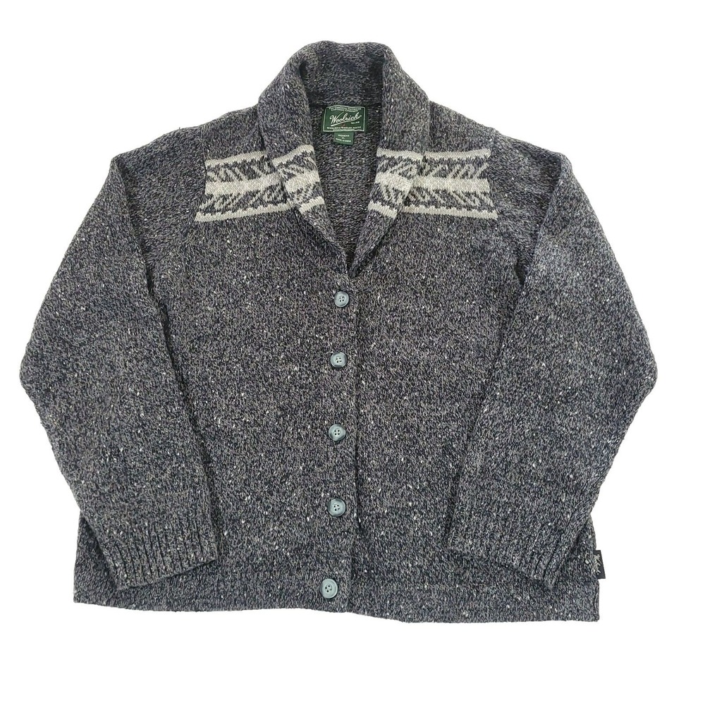 Woolrich Wool western Cardigan Sweater XL Black aztec Nordic Cowl neck Grandpa